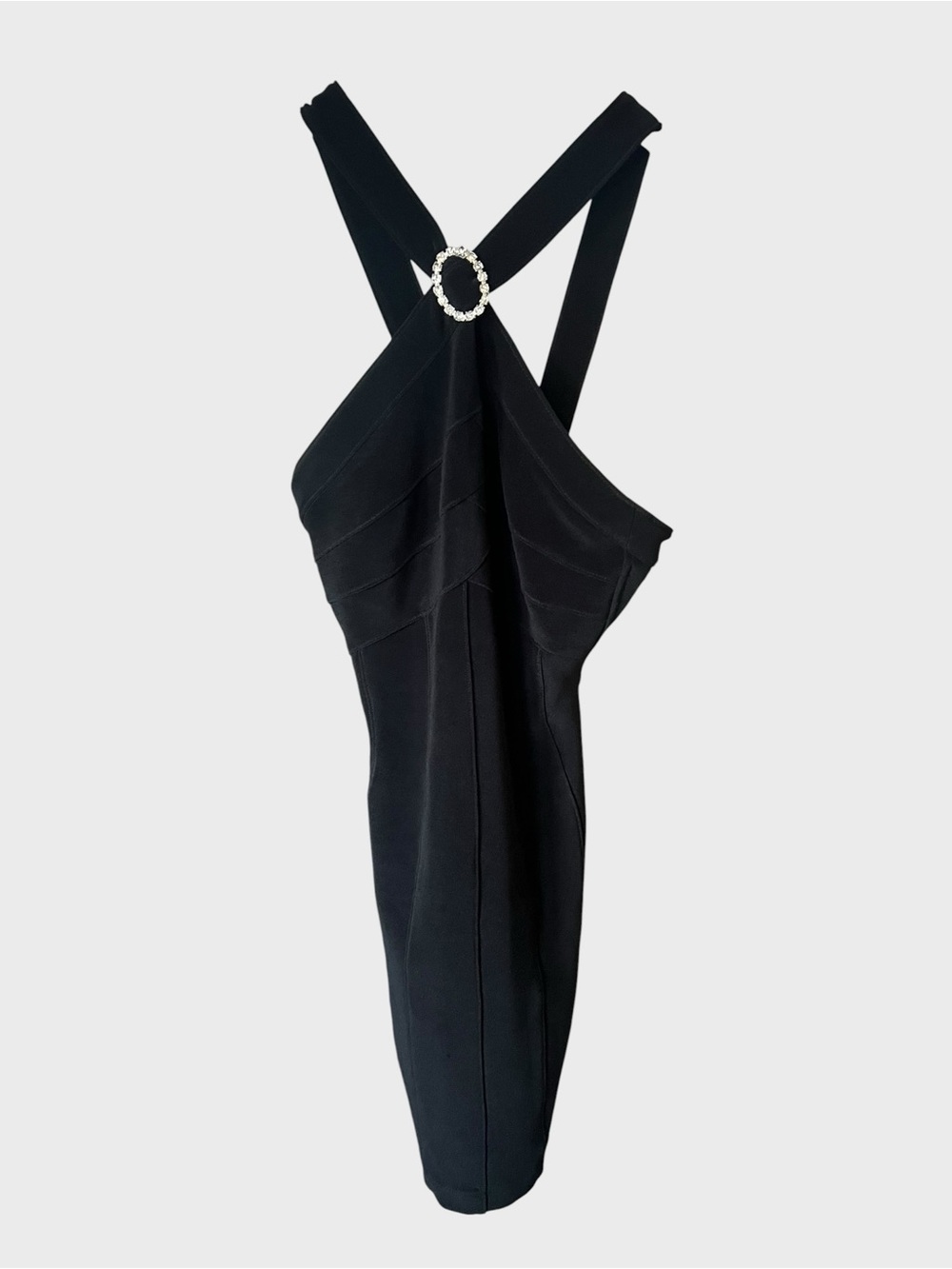 Tadashi Black Strap Cocktail Dress with Rhinestone Accent